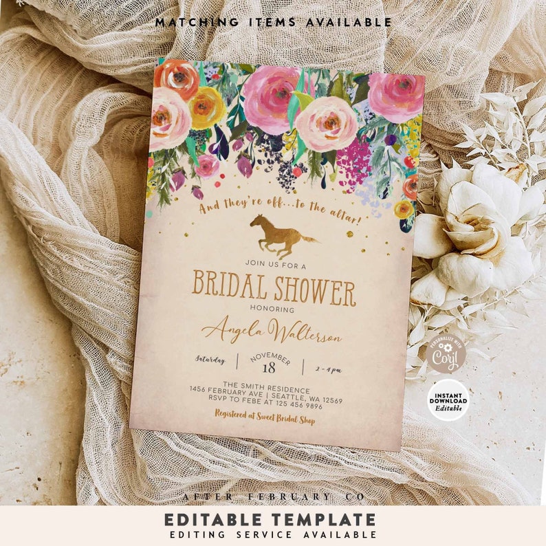 Editable Kentucky Derby Bridal Shower And They're Off to the Altar Floral Invitation Invite Printable Instant Download 1344BR1 1 image 1