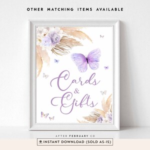 Boho Lavande Violet Pampas Herbe Papillon Baby Shower Papillon Cartes et cadeaux Signe Décor Signes Numérique Imprimable Téléchargement instantané 08V1