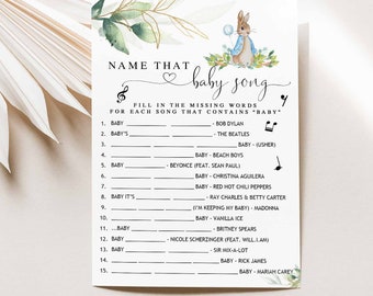 Tarjeta de juego con la canción "Nombra a ese bebé" para baby shower, con temática de Peter Rabbit, color azul, verde y dorado, juegos para baby shower, descarga instantánea e imprimible digital 1304V1