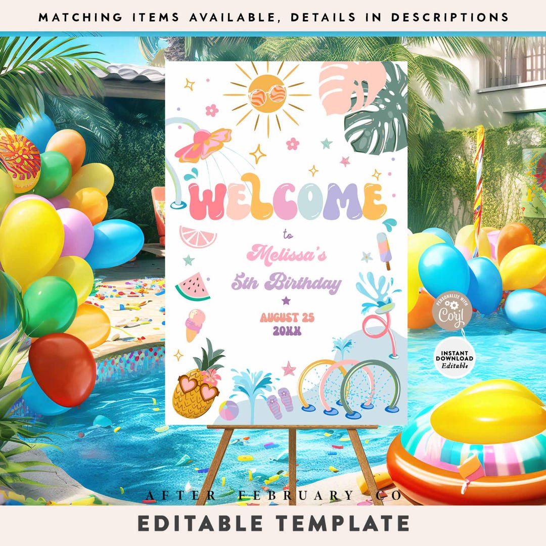 Welcome Splash Text EDITABLE Girl Splash Pad Park Pool Splash Welcome Sign Birthday Welcome ...