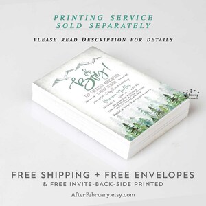 May include: A stack of baby shower invitations with a watercolor design of a forest with mountains in the background. The text on the invitation reads "Oh Boy! The Greatest Adventure is About to Begin" and includes the date, time, and location of the event. Free shipping and envelopes are included.