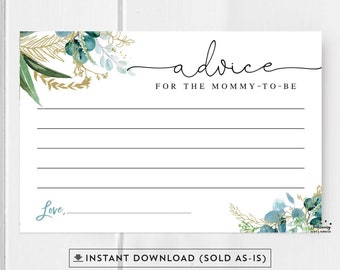 Advice for the Mommy To Be Greenery Simple Modern Blue Green Baby Shower Printable . INSTANT DOWNLOAD No.199