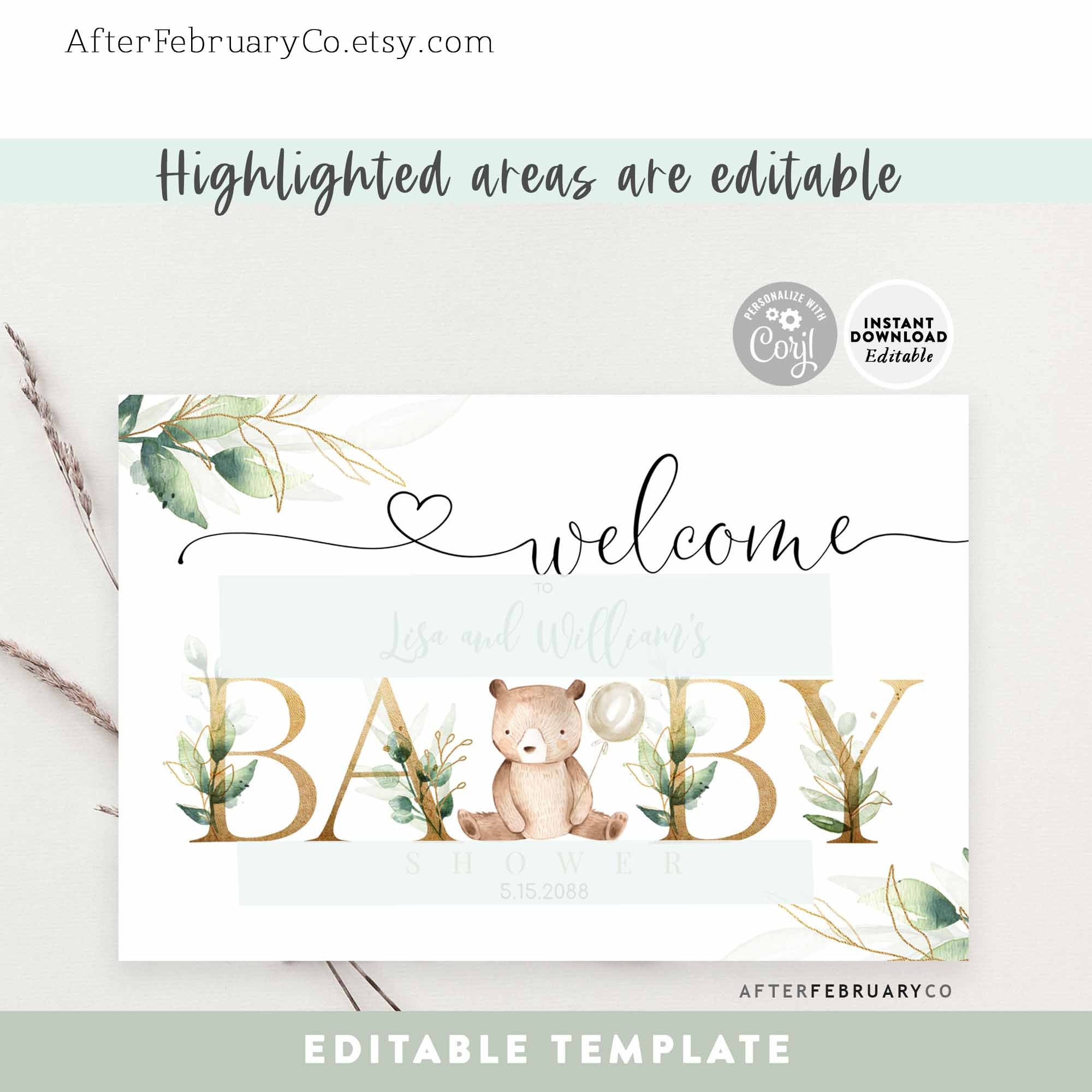 EDITABLE Greenery Gold We Can Bearly Wait Teddy Bear Baby Shower ...