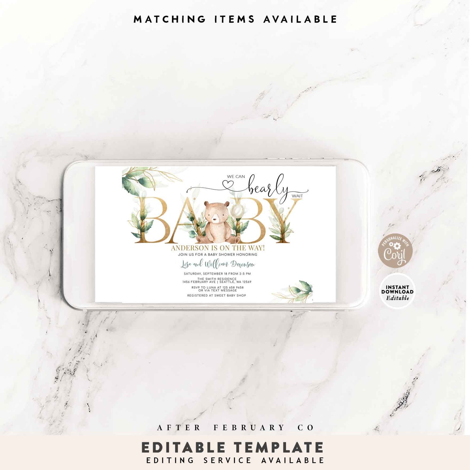 EDITABLE Greenery Gold We Can Bearly Wait Teddy Bear Baby Shower ...