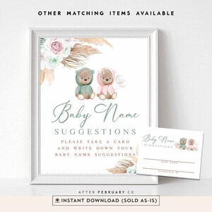 Twin Boy Girl Pink Sage Green Pampas Grass Boho Teddy Bear Nombre del bebé Sugerencias Signo y juego de cartas Digital imprimible Descarga instantánea 400T1