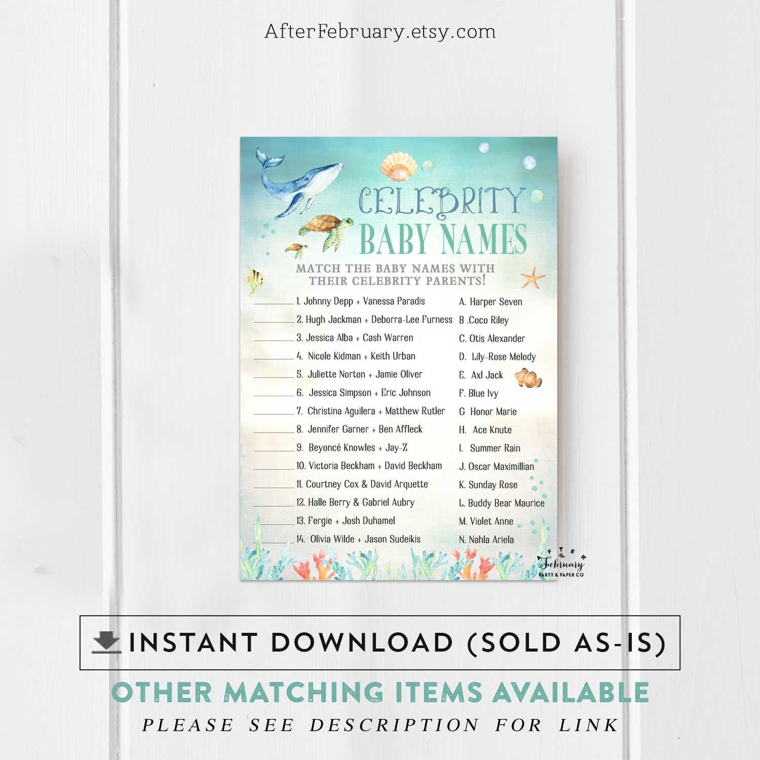 Sea Animal Celebrity Baby Name Game Ocean Sea Creatures Whale Etsy