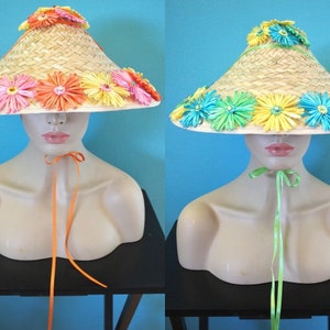 The Custom Trixie…..Custom Tiki Hat 1960's-Style Made To Order Conical Straw Hat With Your Choice Of Raffia Flowers