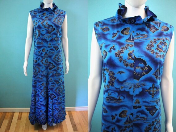 Hawaiian Jumpsuit 1960's Royal Blue And Gold Hawa