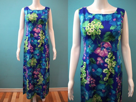 Hawaiian Dress 60's Floral Hawaiian Maxi Sheath… - image 1