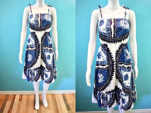 Hawaiian Dress 70's Blue And White Tapa Print Walt