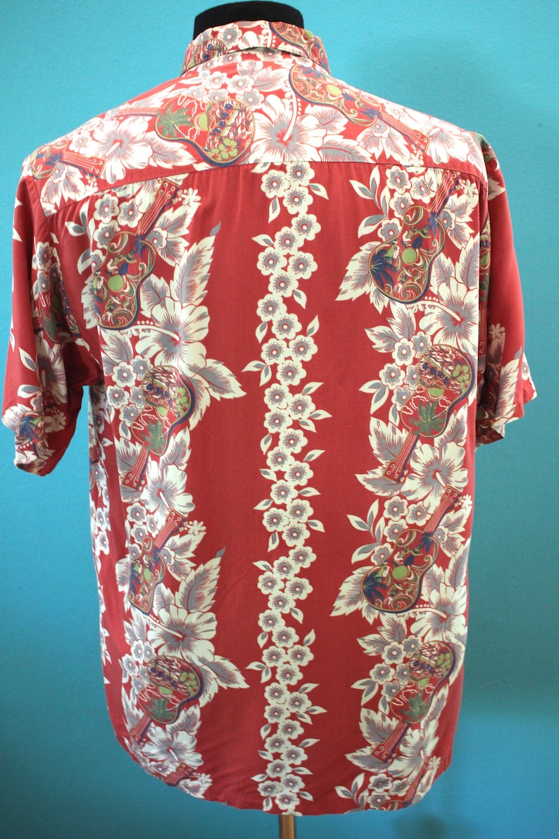 Hawaiian Shirt 90/'s-Does-40/'s Men/'s Iolani Guitar Ukelele Print Floral Striped Hawaiian Shirt