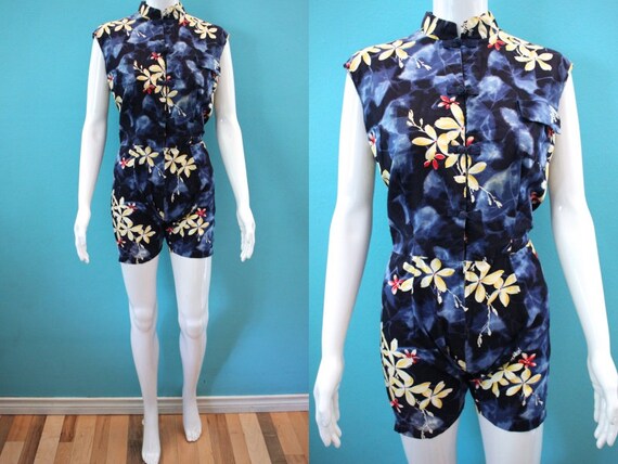 Hawaiian Romper 50's Midnight Blue Plumeria Prin