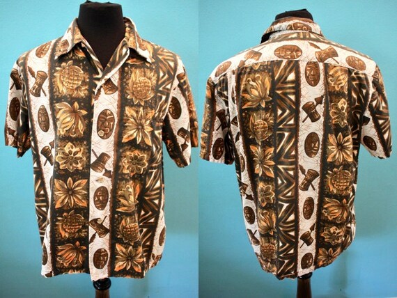 Hawaiian Shirt 1960's Ui-Maikai Tiki Mask Print Ha