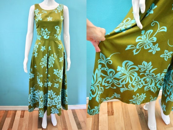 Hawaiian Jumpsuit 60's Olive And Aqua Graphic Flor