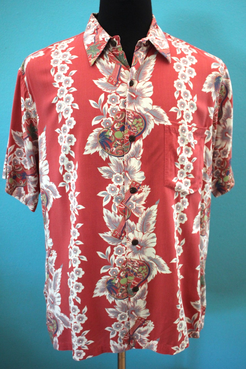 Hawaiian Shirt 90/'s-Does-40/'s Men/'s Iolani Guitar Ukelele Print Floral Striped Hawaiian Shirt
