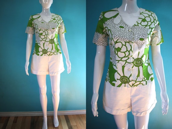 Hawaiian Romper 60's White And Green Floral Prin
