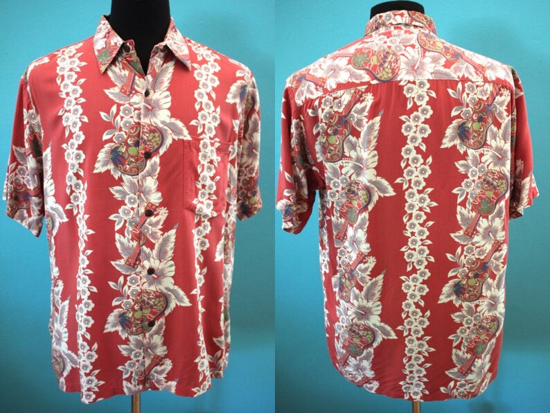 Hawaiian Shirt 90/'s-Does-40/'s Men/'s Iolani Guitar Ukelele Print Floral Striped Hawaiian Shirt