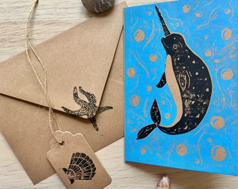 Hand printed Original Greetings card | Narwal | Blank Inside | Lino print | Illustration | Includes printed envelope and gift tag