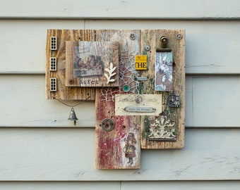 Rustic Collage "Alice in Wonderland" / Driftwood Art / Mixed Media Art