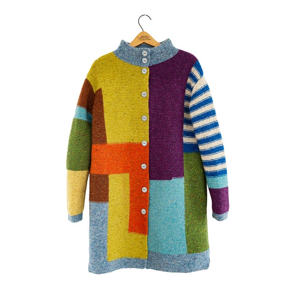 Handmade Knit Coat "Color Geometry" 3  / Knitted Cardigan / Colorblock Coat / Women Coat / Size: XS, S