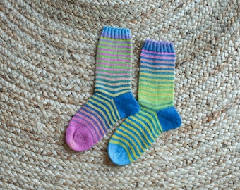 Striped Socks / Hand Knitted Socks / Wool Socks / Size 6, 7