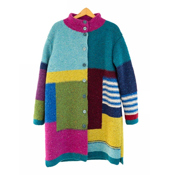 Handmade Knit Coat "Color Geometry" / Handmade Cardigan / Colorblock Cozt / Wool Coat / Size: S (oversize)