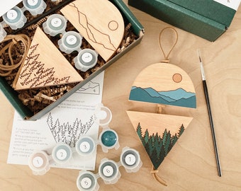 Wall Hanging Kit - Forest + Mountains Paint by Number Kit | DIY Craft Kit for Adults | Wood Wall Art | Mountain Art | Small Wall Art