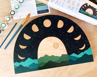 Mountains + Moon Phases DIY Kit - Greens | DIY Craft Kit for Adults | Wood Wall Art