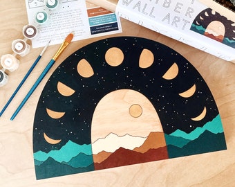 Mountains + Moon Phases DIY Kit - Warm Tones | DIY Craft Kit for Adults | Wood Wall Art