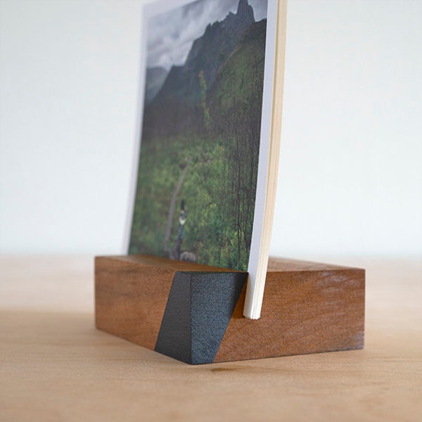 Wood Photo Holder | Charcoal Gray and Cherry Wood | Polaroid Display Block | Small Wood Decor