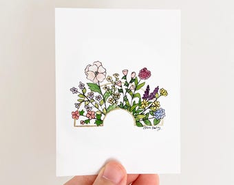 Arco de Flores - Mini Impressão com Detalhe em Tinta Dourada | Mini Impressão de Flores da Primavera | Impressão de Arte em Aquarela em Tamanho Pequeno