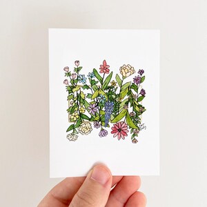 May include: A watercolor illustration of a variety of flowers in a rectangular frame. The flowers are in shades of pink, yellow, blue, and green. The illustration is signed "Chrissy Daly".