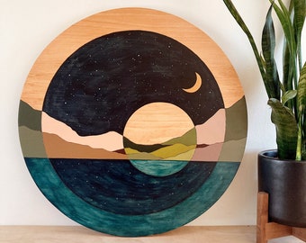 Day + Night Circles Wall Art | Abstract Landscape Wall Art | Wood Wall Decor