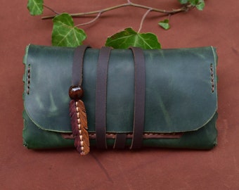 leather tobacco pouch green feather and filters pocket