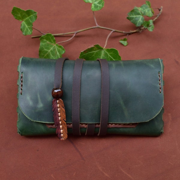 leather tobacco pouch green feather and filters pocket