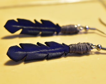 Blue feather leather earrings