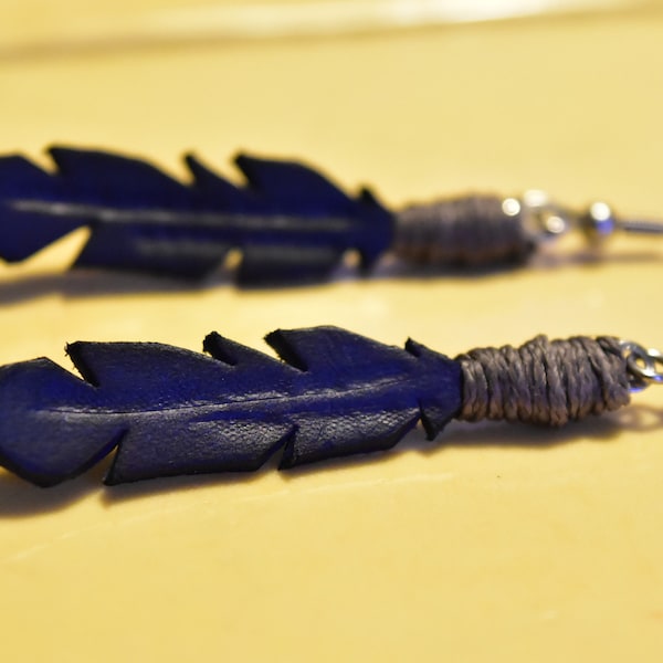 boucles d'oreilles en cuir plume bleu