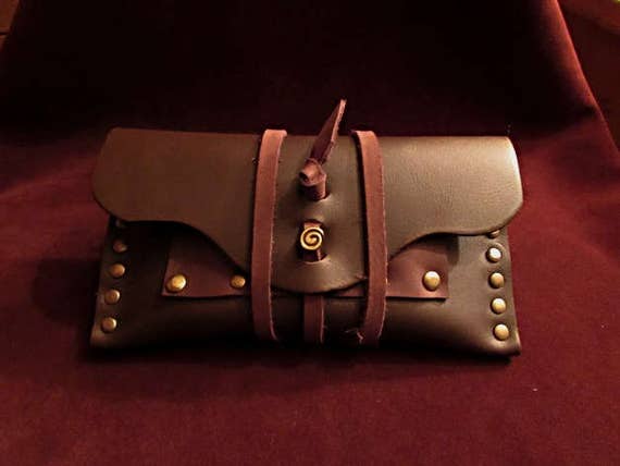 Leather Brown Tobacco Pouch Brass Age Paper Holder