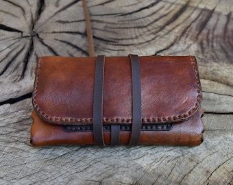 blague a tabac en cuir marron antik et pochette filtre