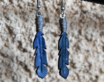 blue feather leather earrings