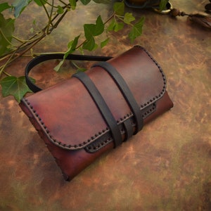 leather tobacco pouch  brown antik and filters pocket