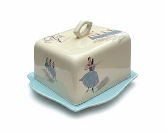 Beswick Hand Painted Lidded Butter Dish Dancing Girls 1950s Mid Century Retro