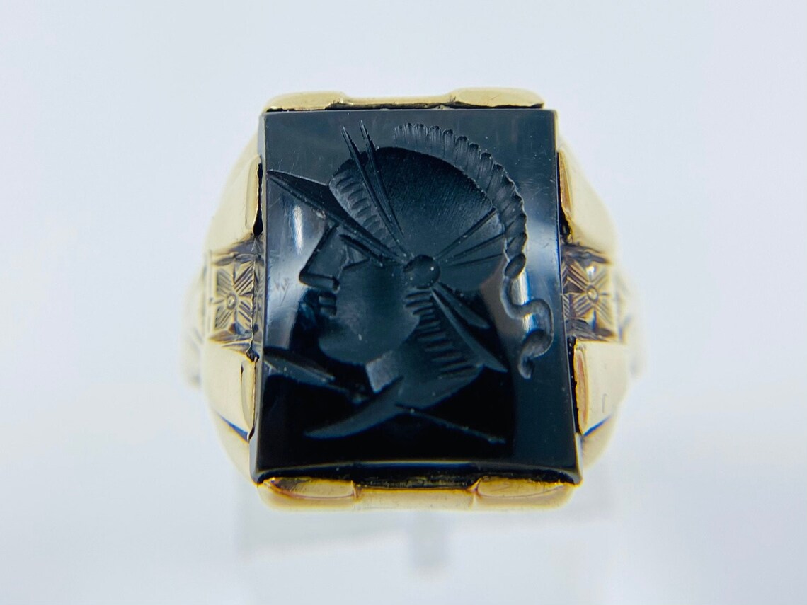 10K Gold Black Onyx Intaglio Ring Mens Ring Roman Etsy