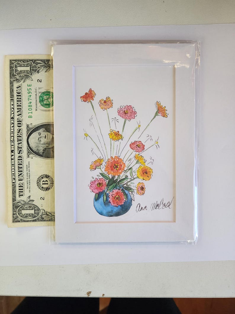 Zinnias Watercolor 5x7 Art Print Painting Original Art Mat Frame