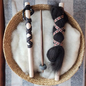 Spin Like a Viking Kit - Walnut Spindle with Whorl, Hand Distaff, and Icelandic Wool