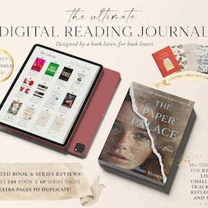 Könnte beinhalten: Ein digitales Lesetagebuch mit einem rosafarbenen Cover auf einem Tablet-Bildschirm. Das Tagebuch enthält 369 vollständig verlinkte Seiten, unbegrenzte Buch- und Serienrezensionen, 240 Buch- und 60 Serienseiten sowie zusätzliche Seiten zum Duplizieren. Das Tagebuch enthält außerdem über 25 Vorlagen für Leseliste, Herausforderungen, Tracker, Reflexionen und mehr. Der Text "The ultimate digital reading journal" befindet sich oben im Bild. Der Text "Designed by a book lover, for book lovers" befindet sich unter dem Titel. Der Text "My Library" befindet sich oben auf dem Tablet-Bildschirm. Der Text "New York Tribune's Best Seller" befindet sich oben auf dem Buchcover. Der Text "The Paper Palace" befindet sich in großer Schrift auf dem Buchcover. Der Text "Lillian Monro" befindet sich unten auf dem Buchcover.