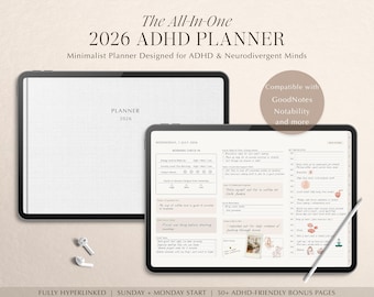 2026 ADHD Planner, Minimalist Planner for Neurodivergent Minds, GoodNotes Compatible, All-In-One (Digital Download, PDF)
