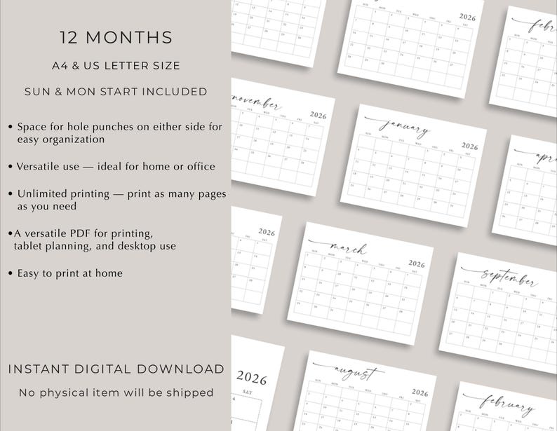 2026 Digital Calendar | 2026 Monthly Planner | Minimalist Landscape ...