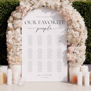 Peut inclure: Un tableau de placement de mariage blanc avec le texte "Olivia & William Our Favorite People" en haut. Le tableau liste les tables et les noms des invités pour une réception de mariage le 11 juin 2016.