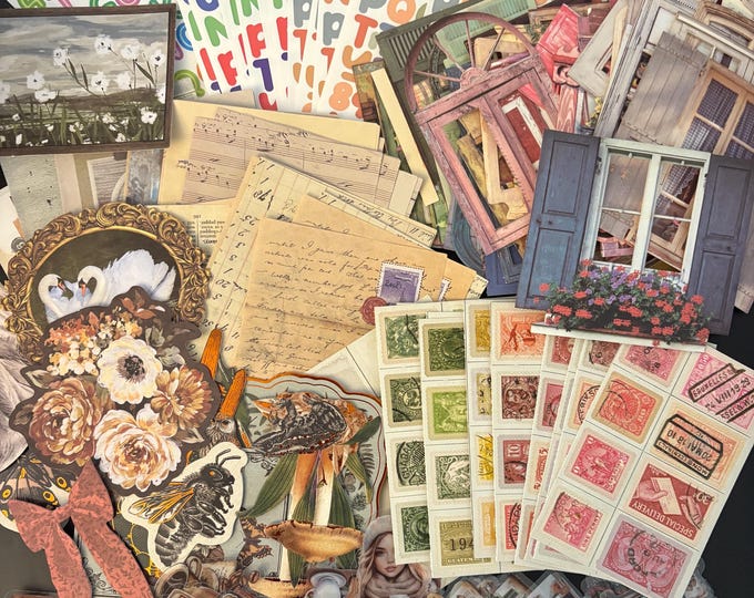 Junk Journaling Starter Kit, Ephemera, Stickers, Random Playlist